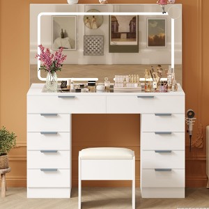 Makeup Vanity Table Set, Modern Vanity Desk Dressing Table with Touch Screen Mirror Lights Power Outlet 10 Drawers Bench Included for Women Girls, - 1 of 4
