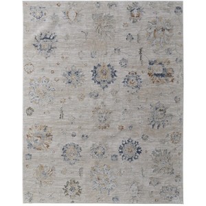 Ivory Taupe and Blue Floral Power Loom Worn Faded Area Rug With Fringe - 1 of 4