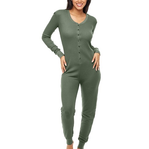 ADR Women s Waffle Ribbed Knit Thermal Onesie Pajama Thermal Underwear Romper Green 2X Large