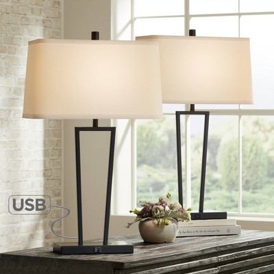 Cole Black Metal Table Lamps with USB Ports and White Shades, Set of 2