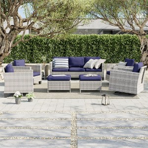 Sonkuki 8-Piece Patio Conversation Set, Outdoor Furniture Set with 4 Rattan Swivel Rocking Chairs, Side Table, Ottoman and Navy Blue Cushion - 1 of 4