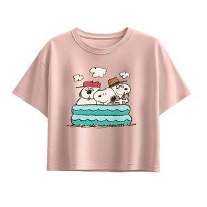 Girls' - Peanuts - Snoopy Sibling Pool Short Sleeve Boxy Graphic T-Shirt - 1 of 3