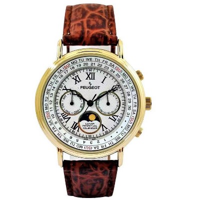 Peugeot Men's Vintage Multi-Function Moon Phase Watch with Perpetual Calendar and Brown Leather Band