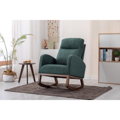 Okak Modern Rocking Accent Chair Armchair with Side Pocket and Wood Legs Comfy High Backrest Glider Chair for Bedroom Lounge Nursery, Emerald