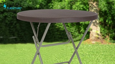 Petite Round Gray Metal Folding Table with Brown Plastic Top