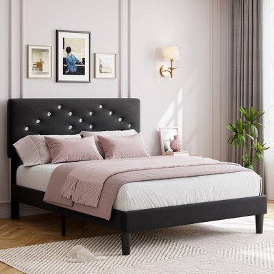 homfan Bed Frame with Button-Tufted Linen Headboard, Wood Slat Support - Princess Platform Bed for Girls, Easy Assembly, No Box Sprin