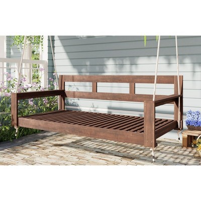 Twin Size Acacia Wood Outdoor Porch Swing Bed with Hemp Ropes – Minimalist Patio Daybed Frame, 1pc – Coolbibila