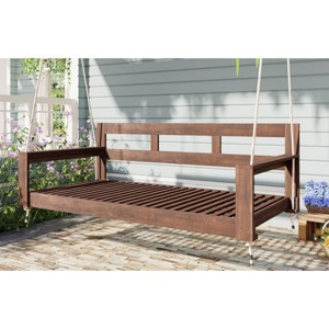 Twin Size Acacia Wood Outdoor Porch Swing Bed with Hemp Ropes – Minimalist Patio Daybed Frame, 1pc – Coolbibila - 1 of 4