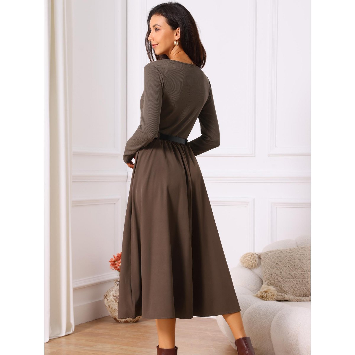 Женские платья INSPIRE CHIC Women's Casual Midi Round Neck Long Sleeve Flowy Fall Dresses with Belt Coffee Small 2 Packs Coffee/Black Large — фото 4