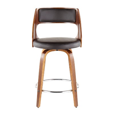 Walnut and Brown Leather Swivel Counter Stool, Mid-Century Modern