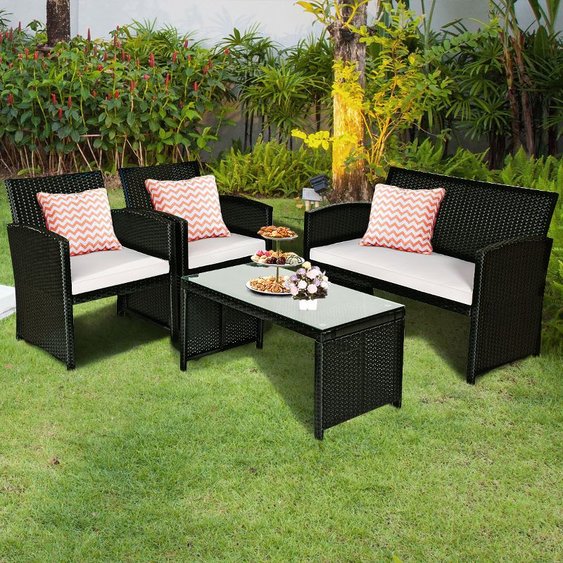 Tangkula 4 Piece Outdoor Patio Rattan Furniture Set Black Wicker Cushioned Seat For Garden, porch, Lawn, 2 of 9