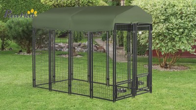 Outdoor Dark Green Steel Dog Kennel with Canopy