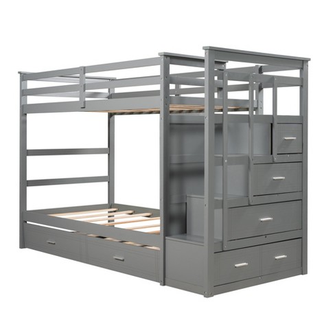 Twin Over Twin Wood Bunk Bed With 4 Drawers, Trundle And Staircase Gray ...