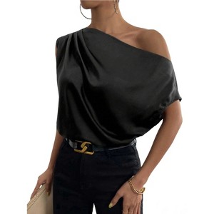 Women's One-Shoulder Blouse, Satin Drape Sleeve Top, Casual Loose-Fit Asymmetrical Neck Shirt - 1 of 4