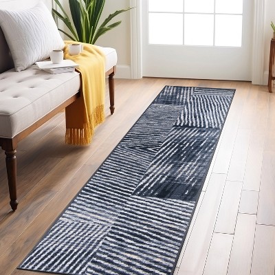 Gray Geometric Stripe Distressed Non-Slip Runner Rug 2' x 7'