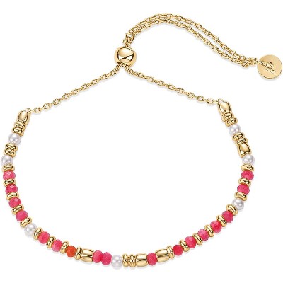 14K Yellow Gold Plated Beaded Enamel and Gemstones Bracelets | Colored Boho Festival Adjustable Slider Bracelet