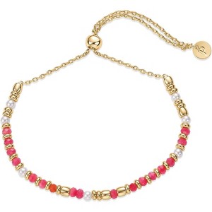 14K Yellow Gold Plated Beaded Enamel and Gemstones Bracelets | Colored Boho Festival Adjustable Slider Bracelet - 1 of 4