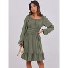 Long Lantern Sleeve Swing Dress with Square Neck & Ruffle Hem, Elastic Waist A-Line Short Dress for Women, Fall Fashion Army Green - 2 of 4