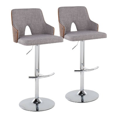 LumiSource Set of 2 Stella Adjustable Swivel Barstools Chrome/Walnut Wood/Light Gray