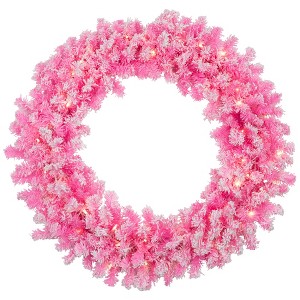 Northlight Pre-Lit Artificial Flocked Pine Christmas Wreath - 36" - Pink - Clear Lights - 1 of 4