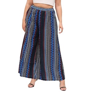 Coolmee Women Plus Size Wide Leg Pants Elastic Waist Loose Flowy Boho Trousers Casual Pants with Pockets - 1 of 4