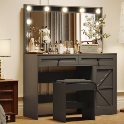 Makeup Vanity Desk With Cushioned Stool, Modern Dressing Table With Glass Top, Brightness Adjustable LED Mirror