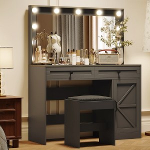 Makeup Vanity Desk With Cushioned Stool, Modern Dressing Table With Glass Top, Brightness Adjustable LED Mirror - 1 of 4
