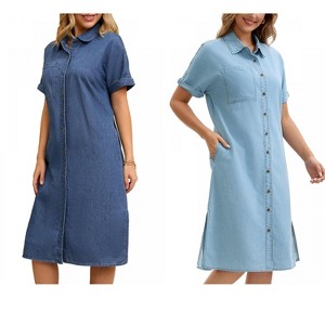 INSPIRE CHIC Women's Midi Denim Summer Short Sleeve Button Down Casual Long Tunic Jean Shirt Dress 2 Packs - 1 of 4