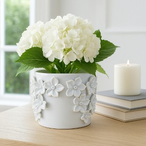 Planter Stoneware Ceramic Floral Design with Raised 3D Sculpted Flowers and Glossy Handcrafted Texture Detailing - 1 of 4