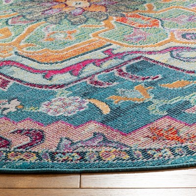 Teal Rose Floral Elegance Round Rug - Synthetic, Stain-Resistant