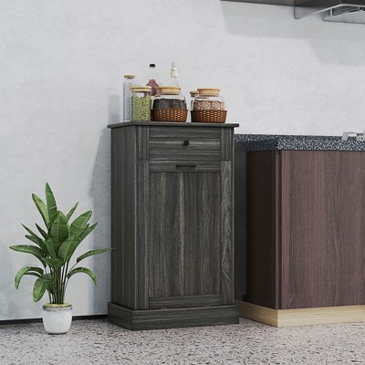 Vynxaria Kitchen Tilt Out Trash Bin Cabinet Free Standing Recycling Cabinet Trash Can Holder With Drawer, Charcoal Gray