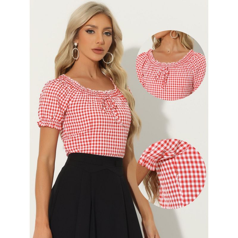 Allegra K Woman's Peasant Round Neck Ruffles Puff Sleeve Gingham Plaid Blouse, 2 of 6