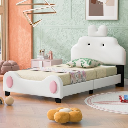 Wood Twin Size Platform Bed with Cartoon Ears Shaped Headboard and Trundle  Twin Bed Frames for Kids (Pink)