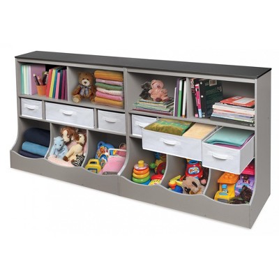 Versatile Gray Woodgrain Storage Unit with Baskets for Kids