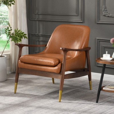 29.2'' Mid-Century Faux Leather Chair: Cushioned, Wood Frame, Brass-Tipped Legs - for Living, Bedroom, Office