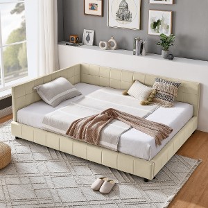 Lyngins Mid-Century Full Daybed Frame, Velvet Upholstered Sofa Bed Frame, Sturdy Eucalyptus Wood, Beds with Headboards, for Bedroom & Living Room - 1 of 4