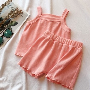 MyKids-Usa Baby Girl Solid Color Sleeveless Vest With Shorts Sets - 1 of 4