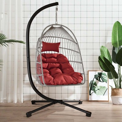 Outdoor Patio Egg Hanging Chair with Stand,Oversized Wicker Swing Chair with Cushions,Indoor Hammock Chair for Backyard Porch-Coolbibila
