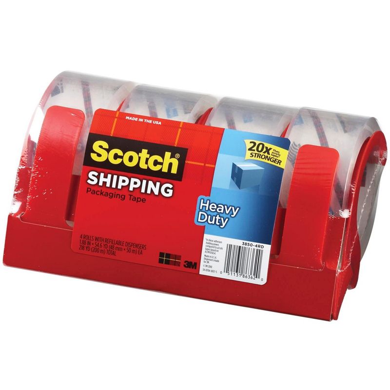 Scotch Heavy Duty Shipping Packaging Tape with Dispenser, 1.88 Inches x 54.6 Yards, Clear, Pack of 4, 2 of 4