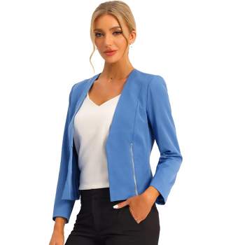 Allegra K Women's Work Office Zipper Decor Collarless Cropped Blazer