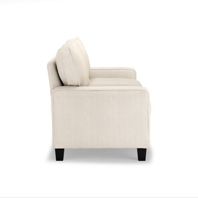 Beige Leather Track Arm Sofa with Pillow Back and Wood Legs