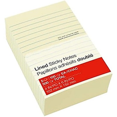 MyOfficeInnovations Stickies Recycled Line-Ruled Notes Yellow 4" x 6" 5 Pads/PK 565436