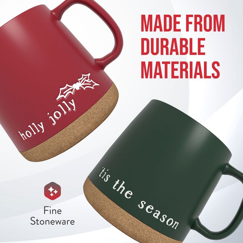 American Atelier Christmas Coffee Mug Set with Cork Bottoms, Fine Stoneware, Set of 2 in Red & Green, 15 Oz, 4 of 9