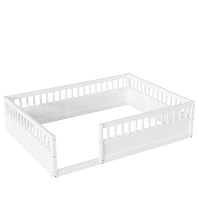 TiramisuBest Full Floor Bed Frame with Fence - White Pine Design