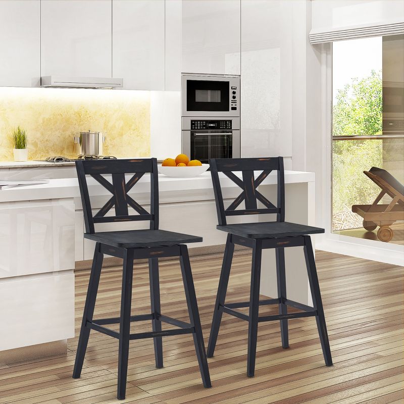 Costway Set of 2 Bar Stools Swivel Pub Height Chairs w/ Rubber Wood Legs White\Black, 2 of 9