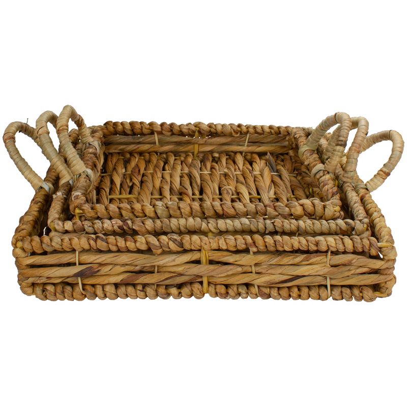 Northlight Set of 3 Square Natural Woven Water Hyacinth Serving Trays with Handles 16", 1 of 9