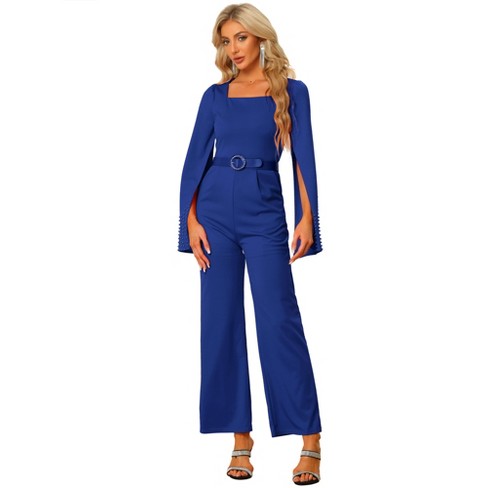 Unique Bargains Women's Elegant Jumpsuit Square Neck Long Sleeve Wide Leg  Long Pants Dressy Romper