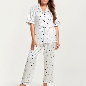 Anna-Kaci Lounge Women's PLus Size Heart Print Satin Pajama Set with Short Sleeve Button Front Top and Relaxed Straight Leg Pants - 1 of 4