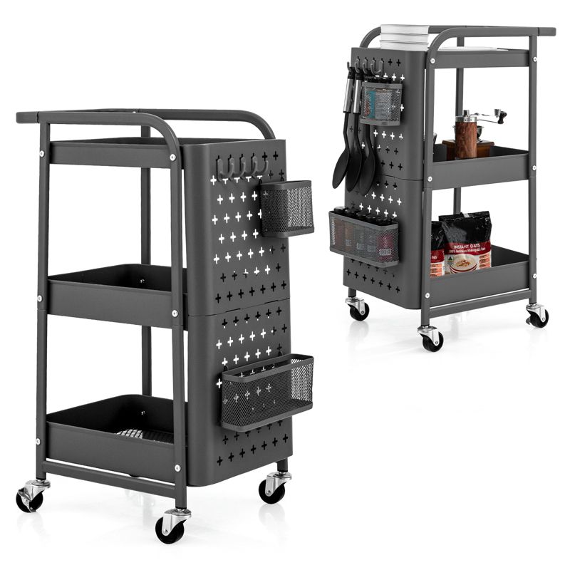 Costway 3-Tier Rolling Cart Storage Trolley Organizer w/ DIY Dual Pegboards, Mobile Metal Utility Cart on Wheels Serving Cart for Kitchen Office, 5 of 11