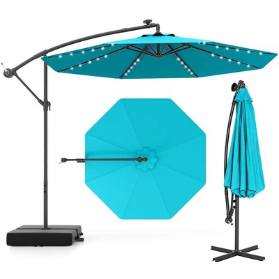 Costway Patio 10FT Hanging Offset Umbrella 32 LED Lights Sand Bag Outdoor Cross Base Beige/Turquoise/Dark Gray/Wine/Coffee/Navy